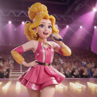 Image For Post Anime Art, Fashion-forward pop idol, radiant yellow hair styled in soft curls, on a brightly lit stage