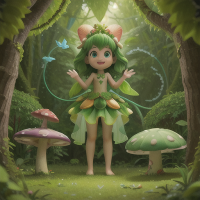 Image For Post Anime Art, Playful forest guardian, lime green leaf-shaped hair, deep within a verdant woodland