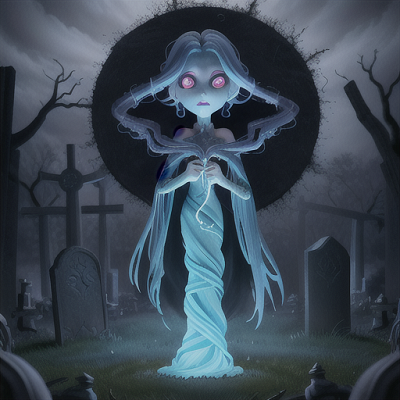 Image For Post Anime Art, Vengeful spirit, eerie blue glow tangled within spectral hair, haunting a cursed graveyard