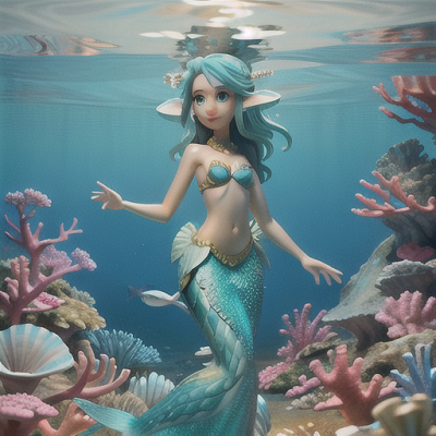 Image For Post Anime Art, Serene mermaid, shimmering blue hair adorned with seashells, submerged in a tranquil ocean cove