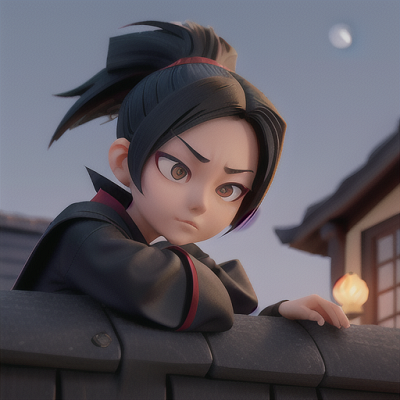 Image For Post Anime Art, Sleepy ninja student, sleek black hair in a tight ponytail, dozing on a roof beneath a full moon