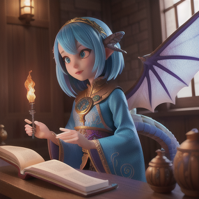 Image For Post Anime Art, Scholarly dragon girl, cobalt hair intertwined with scales, in a sanctuary surrounded by ancient scrolls