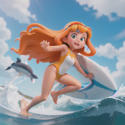 Image For Post Anime Art, Courageous surfer, sun-kissed hair with a seashell headband, riding a massive wave on a royal blue ocean
