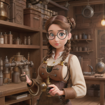 Image For Post Anime Art, Inventive steampunk mechanic, brown hair in braided side buns, inside a cluttered workshop