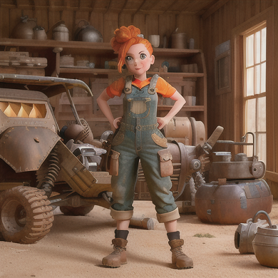 Image For Post Anime Art, Resourceful desert mechanic, fiery orange hair in a messy bun, in a makeshift workshop near an oasis