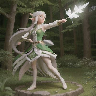 Image For Post Anime Art, Graceful elf archer, long silver hair adorned with feathers, in an enchanted forest