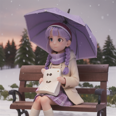 Image For Post Anime Art, Contemplative schoolgirl, gentle lavender hair in braids, sitting on a bench in a snow-covered park