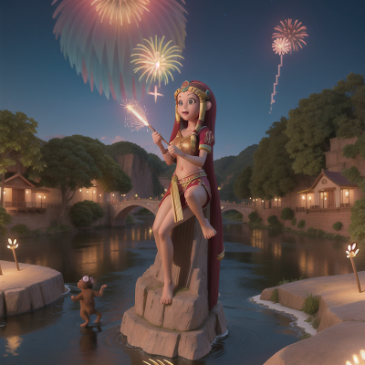 Image For Post Anime, river, harp, sphinx, fireworks, monkey, HD, 4K, AI Generated Art