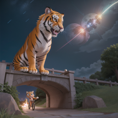 Image For Post Anime, magic portal, tiger, bridge, bicycle, meteor shower, HD, 4K, AI Generated Art
