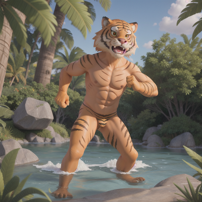 Image For Post Anime, bigfoot, sabertooth tiger, island, exploring, swimming, HD, 4K, AI Generated Art