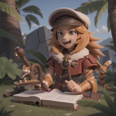 Image For Post Anime, island, sabertooth tiger, cyborg, hat, spell book, HD, 4K, AI Generated Art