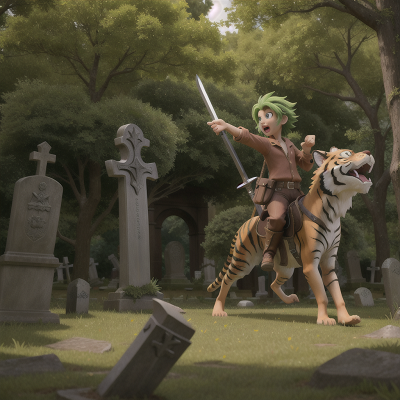 Image For Post Anime, haunted graveyard, griffin, sword, swamp, tiger, HD, 4K, AI Generated Art