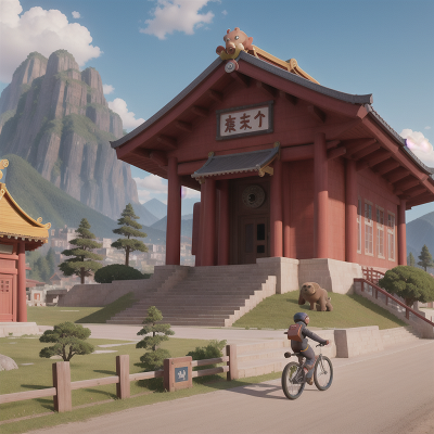 Image For Post Anime, robot, bear, bicycle, temple, mountains, HD, 4K, AI Generated Art