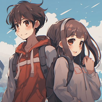 Image For Post | Anime depiction of a boy and girl as travel companions, detailed background scenery and dynamic poses. friends anime matching pfp: boy and girl - [matching pfp for 2 friends anime](https://hero.page/pfp/matching-pfp-for-2-friends-anime)