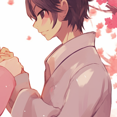 Image For Post | Two characters under sakura blossoms, using soft pinks and whites, holding hands. romantic anime couples matching pfp pfp for discord. - [anime couples matching pfp, aesthetic matching pfp ideas](https://hero.page/pfp/anime-couples-matching-pfp-aesthetic-matching-pfp-ideas)