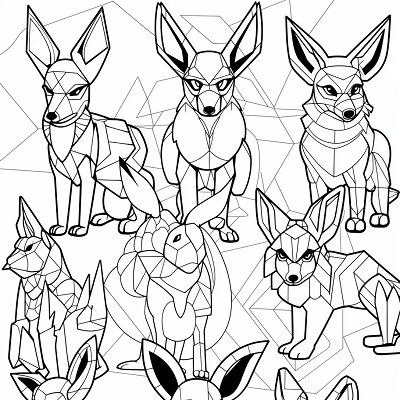 Image For Post | Eevee Pokemon evolution forms delineated in geometric shapes; varying levels of shading. printable coloring page, black and white, free download - [Eevee Evolutions Coloring Sheet Pokemon Pages, Adult & Kids Fun](https://hero.page/coloring/eevee-evolutions-coloring-sheet-pokemon-pages-adult-and-kids-fun)