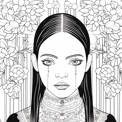 Image For Post | Wednesday Addams detailed portrait with a rich, complex pattern background. printable coloring page, black and white, free download - [Wednesday Addams Coloring Book Pages ](https://hero.page/coloring/wednesday-addams-coloring-book-pages-fun-coloring-for-all-ages)