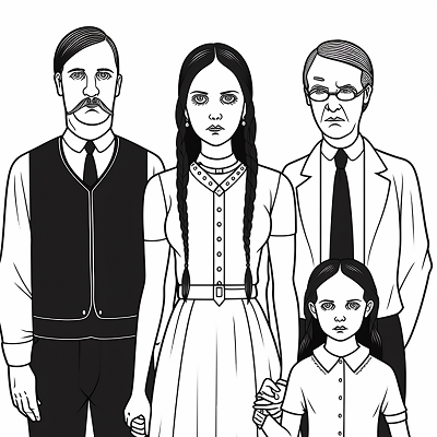 Image For Post | The Addams Family portrait featuring Wednesday Addams; detailed with clear lines and individual expressions. printable coloring page, black and white, free download - [Wednesday Addams Coloring Book Pages ](https://hero.page/coloring/wednesday-addams-coloring-book-pages-fun-coloring-for-all-ages)