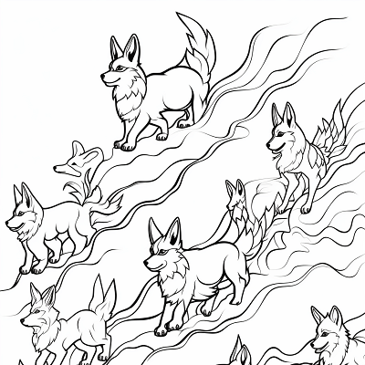 Image For Post | Illustration of Eevee's evolution sequence showing flow of power; detailed patterns. printable coloring page, black and white, free download - [Eevee Evolutions Coloring Pages: Adult, Kids, Pokemon Coloring](https://hero.page/coloring/eevee-evolutions-coloring-pages:-adult-kids-pokemon-coloring)
