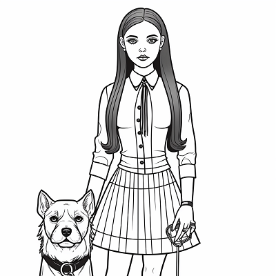 Image For Post | Wednesday Addams posed with her pet; well-detailed art style capturing gothic vibes. printable coloring page, black and white, free download - [Wednesday Addams Coloring Pictures Pages ](https://hero.page/coloring/wednesday-addams-coloring-pictures-pages-fun-and-creative)