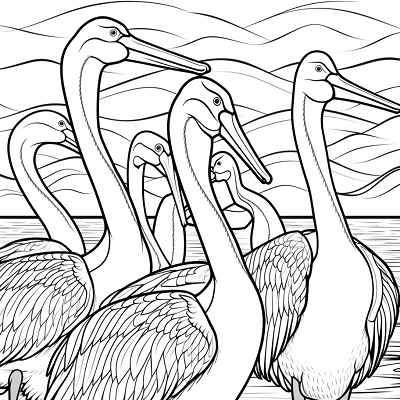 Image For Post | A detailed sketch of pelicans standing in the sea; fine lines and patterns.printable coloring page, black and white, free download - [Bird Coloring Pages ](https://hero.page/coloring/bird-coloring-pages-free-printable-creative-sheets)