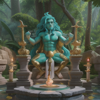 Image For Post Anime Art, Powerful demi-god, flowing turquoise hair and rippling biceps, in an ancient