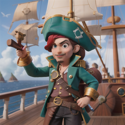 Image For Post Anime Art, Dashing pirate captain, wavy emerald hair and eyepatch, on the deck of a grand sailing ship