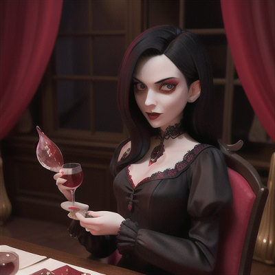 Image For Post | Anime, manga, Enigmatic vampire, sleek black hair with red streaks, in a gothic Victorian mansion, sensually feasting on a fresh glass of blood, a petrified victim lying behind a velvet curtain, elegant tattered dress with lace details, dark and moody art style, evoking mystery and seduction - [AI Art, Anime Hoodie Themed Image ](https://hero.page/examples/anime-hoodie-themed-image-stable-diffusion-prompt-library)