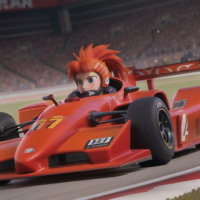 Image For Post Anime Art, Professional race car driver, intense fiery orange hair in a low ponytail, on a thrilling futuristic racetra