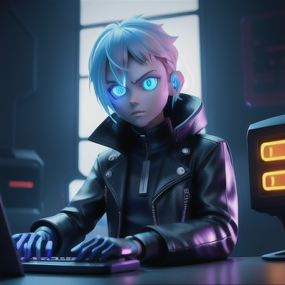 Image For Post Anime Art, Mysterious cybernetic boy, glowing blue eyes and silver hair, in a neon-lit cyberpunk city