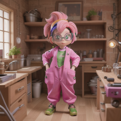 Image For Post Anime Art, Innovative inventor, quirky pink hair and goggles, in a chaotic but organized laboratory