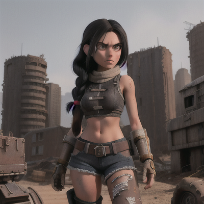 Image For Post Anime Art, Rogue robot warrior, jet-black hair in a long braid, in a post-apocalyptic wasteland