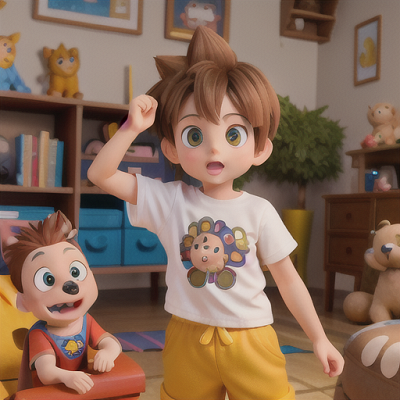 Image For Post Anime Art, Curious anime son, spiky brown hair and adventurous eyes, in a whimsical family playroom