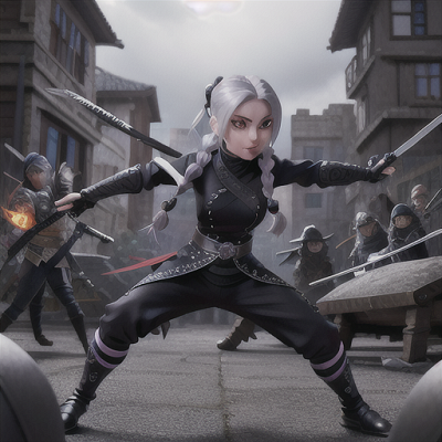 Image For Post Anime Art, Deceptive ninja illusionist, silver hair styled with intricate braids, amidst a chaotic battlefield