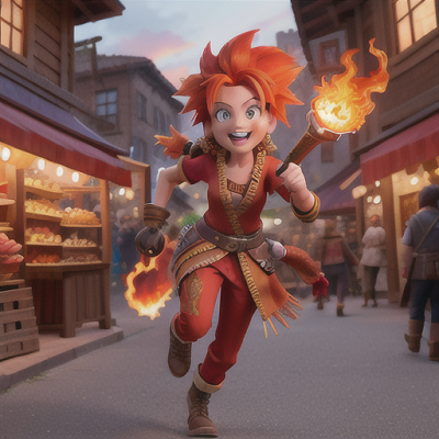Image For Post Anime Art, Resourceful thief, hair streaked with red and orange like flames, navigating a bustling city marketplace