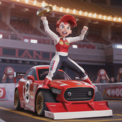 Image For Post Anime Art, Accomplished racecar driver, bold crimson hair tapered into a streamlined shape, on the victory podium at an