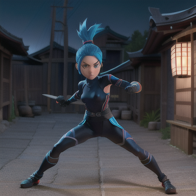 Image For Post Anime Art, Fearless ninja warrior, electric blue hair in a tight ponytail, stealthily navigating an ancient Japanese vi