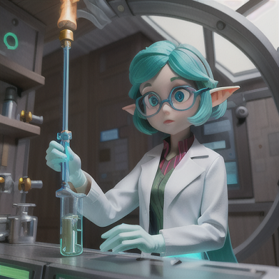 Image For Post Anime Art, Inquisitive elf scientist, teal hair and keen eyes, experimenting in her futuristic laboratory