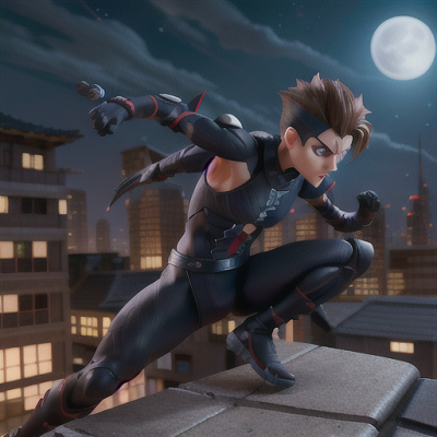 Image For Post Anime Art, Fearless ninja boy, spiky brown hair and piercing blue eyes, intense rooftop battle