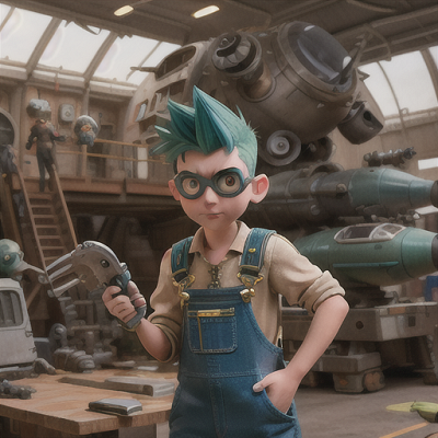 Image For Post Anime Art, Wisecracking space mechanic, spikey green hair and goggles, in a cluttered spaceship hangar