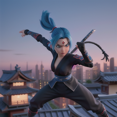 Image For Post | Anime, manga, Fearless ninja, electric blue hair in a ponytail, on the rooftop of a feudal Japanese building, expertly throwing shuriken at assailants, a fierce battle raging in the background, black ninja garb with silver trim, dynamic and detailed manga-style illustration, intense and adrenaline-fueled scene - [AI Art, Anime Overalls Theme ](https://hero.page/examples/anime-overalls-theme-stable-diffusion-prompt-library)