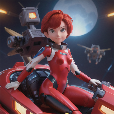 Image For Post Anime Art, Mecha pilot prodigy, short red hair with confident smirk, sitting in a cockpit adorned with holographic cont