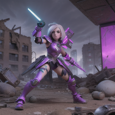 Image For Post Anime Art, Futuristic time warrior, silver hair styled in a sleek bob, battling through a chaotic apocalyptic landscape
