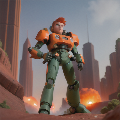 Image For Post Anime Art, Mech-riding hero, fiery orange hair spiked upwards, in a futuristic battlezone