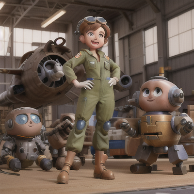 Image For Post Anime Art, Helpful mech pilot, short brown hair and goggles on her head, in a busy hangar