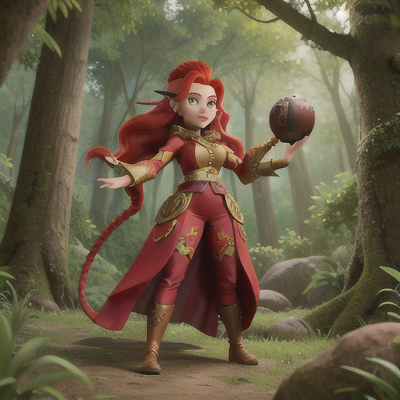 Image For Post Anime Art, Bold dragon tamer, fiery red hair bound in a long braid, standing proudly in a lush forest clearing