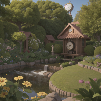 Image For Post Anime, garden, clock, river, spell book, drought, HD, 4K, AI Generated Art