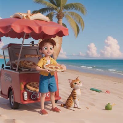 Image For Post Anime, cat, sunrise, beach, pizza, hot dog stand, HD, 4K, AI Generated Art