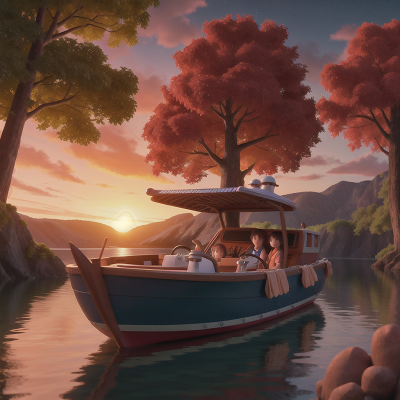 Image For Post Anime, boat, enchanted forest, joy, sunrise, lava, HD, 4K, AI Generated Art
