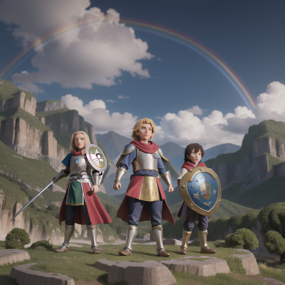 Image For Post Anime, knights, knight, shield, mountains, rainbow, HD, 4K, AI Generated Art